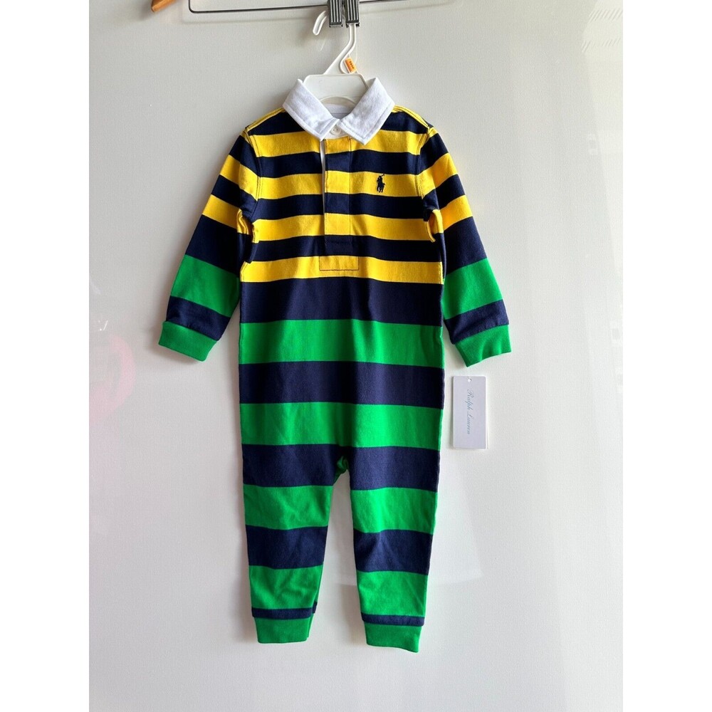 NWT Ralph Lauren Baby Boys 3 MOS 12 M Coverall Long-Sleeve Striped Jersey new